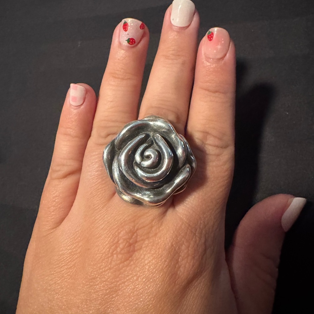 Sterling Silver Rose Statement Ring - Silver Floral Cocktail Ring Size 8